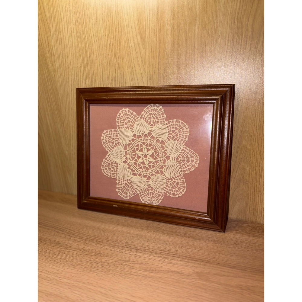 Vintage Framed Lace Doily Wall Art Pink Background Wood Frame Cottagecore Decor